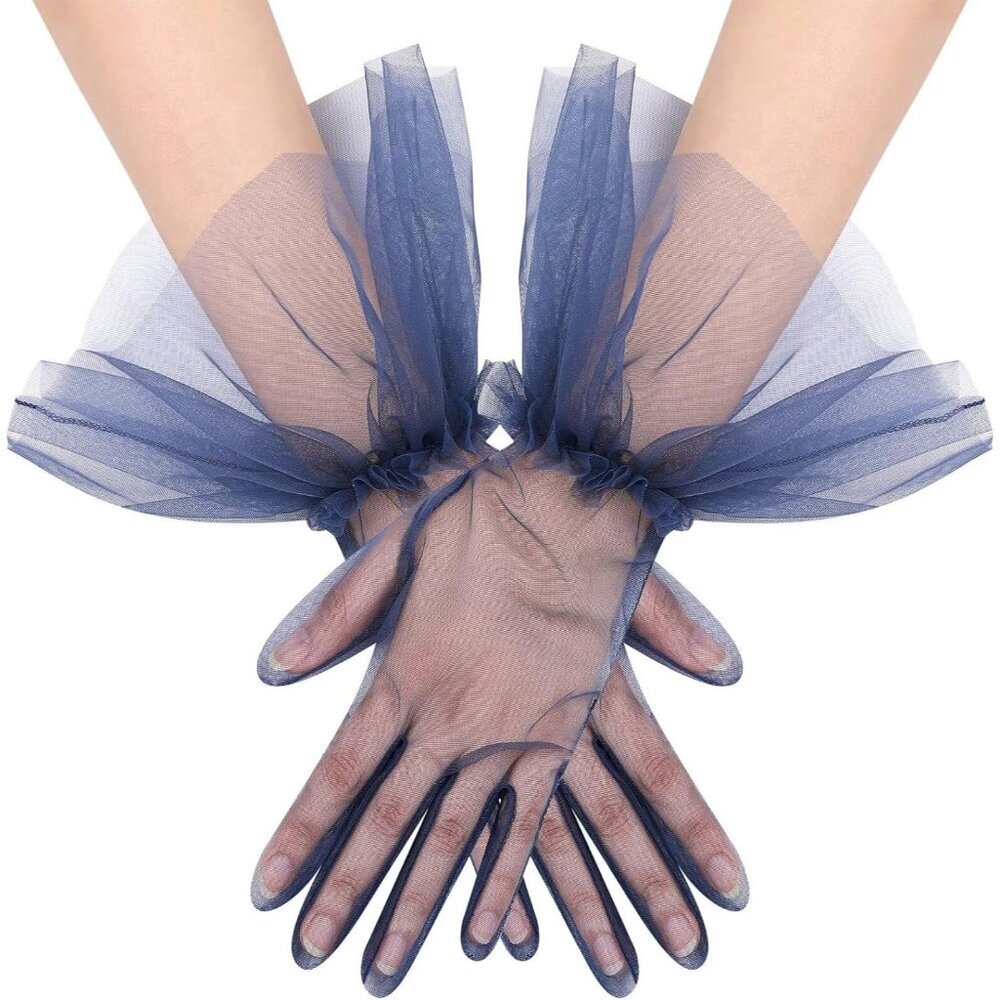 Women's Puffy Ruffle Navy Tulle Sheer Mesh Party Prom One Size Short Gloves